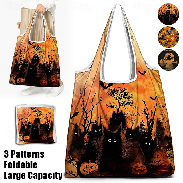  Halloween-Themed Tote Bag with Black Cat and Pumpkin Print - Large Reusable Shopping Bag for Festive Fall Occasions