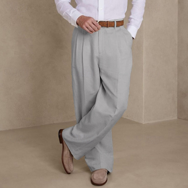  Homme pantalon de costume Pantalon en lin pantalon été Pantalon plissé Poche avant Jambe droite Plein Confort Respirable Casual du quotidien Vacances Mode basique Noir Blanche