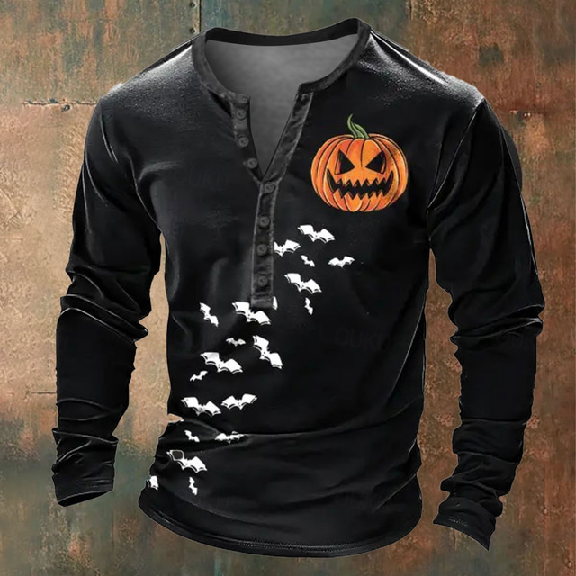  Pumpkin Vacation Fashion Daily Men's 3D Print Henley Shirt Holiday Halloween T shirt Black Long Sleeve Henley Shirt Summer Spring Fall Clothing Apparel Normal S M L XL XXL XXXL