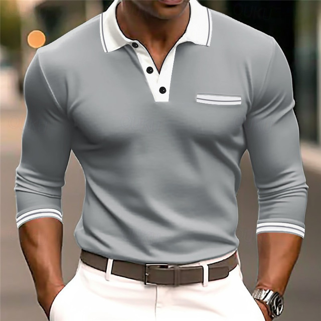  Hombre POLO Polos con botones Casual Festivos Diseño Manga Larga Moda Básico Bloque de color Retazos Verano Ajuste regular Azul marino Gris oscuro Blanco Burdeos Gris POLO