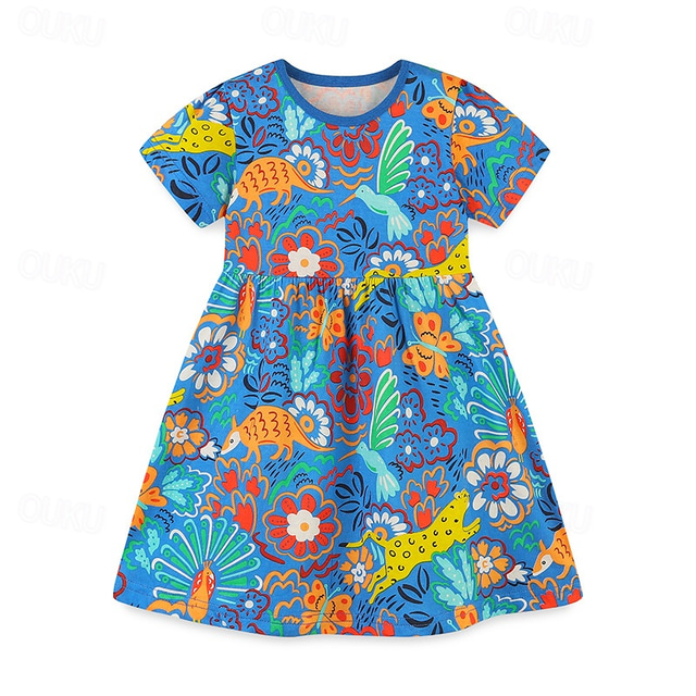  Girls' 3D Cartoon Dress Short Sleeve Summer Vacation Daily Holiday Princess Beautiful Sweet Little Kids(4-7ys) 4-7 Years Casual Dress A Line Dress Knee-length Regular Fit