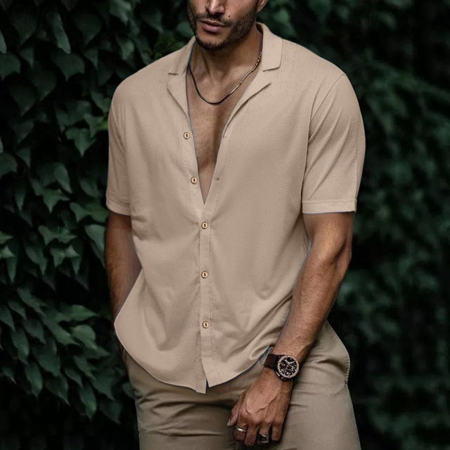  Men's Summer Shirt Beach Wear Button Up Shirt Black White Light Green Sky Blue Khaki Short Sleeve Plain Solid Colored Cuban Collar Hawaiian Holiday Button-Down Clothing Apparel Fashion Streetwear