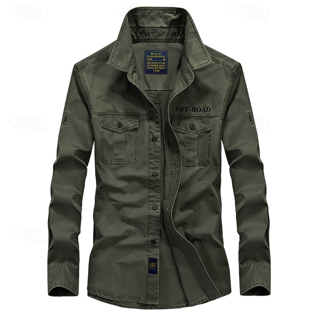  Men's Shirt Workwear Shirts Work Shirt Button Up Shirt Cargo Shirt khaki Army Green Dark Blue Beige Long Sleeve Plain Lapel Vacation Holiday Pocket Clothing Apparel Fashion Casual Comfortable