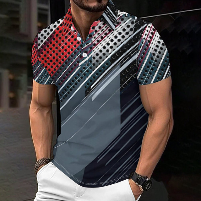  3D Line Men's Casual Print Polo Set Casual Daily Wear 95% Polyester 5% Spandex Short Sleeve Turndown Polo Shirts Gray Spring & Summer S M L Micro-elastic Lapel Polo