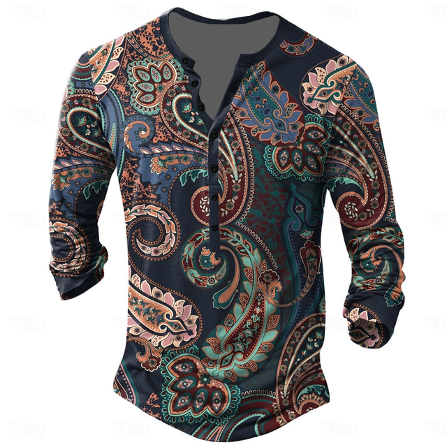  Férfi Boho / Paisley / Damaszk Póló Hosszú ujj 3D nyomtatás Szüret Napi Nyár Tavasz Ősz Fekete Henley nyakörv Henley póló