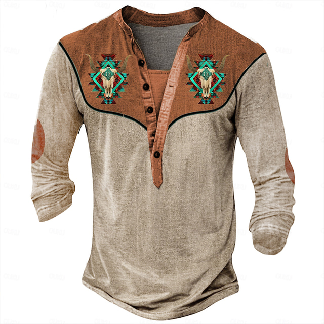  Men's Tribal Cowboy T Shirt Henley Shirt Long Sleeve 3D Print Designer Retro Vintage Western Style Street Casual Daily Summer Spring Fall Light Brown Blue Brown Henley Henley T-Shirt