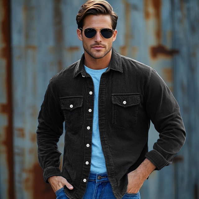  Men's Shirt Button Up Shirt Casual Shirt Corduroy Shirt Black Dark Navy Beige Long Sleeve Plain Collar Daily Vacation Clothing Apparel Fashion Casual