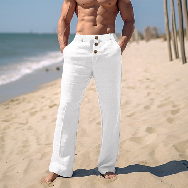  Men's Linen Pants Trousers Summer Pants Beach Pants Front Pocket Straight Leg Plain Comfort Breathable Casual Daily Holiday Fashion Basic Black White