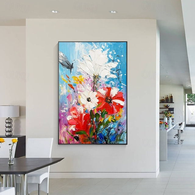  キャンバスに描かれた手作りの大きな 3D 花の油絵、手描きの白い桜の花の絵、大きな壁アートの花の絵、手作りのパレットナイフの絵、テクスチャのある花の絵、手作りの油絵