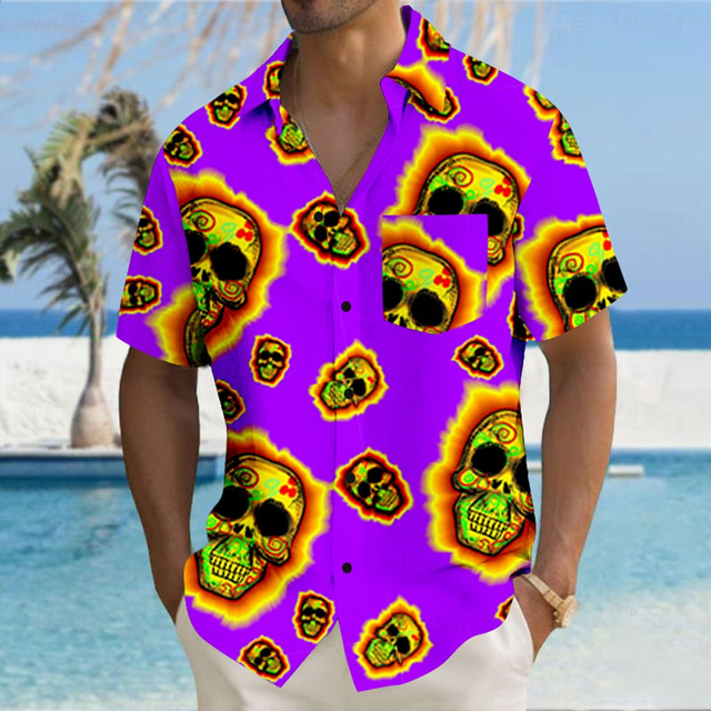  Men's Skull Beach Shirt Summer Hawaiian Shirt Button Up Shirt Short Sleeves Shirt Collared Shirts Hawaiian Vacation Daily Red Fuchsia Green S M L