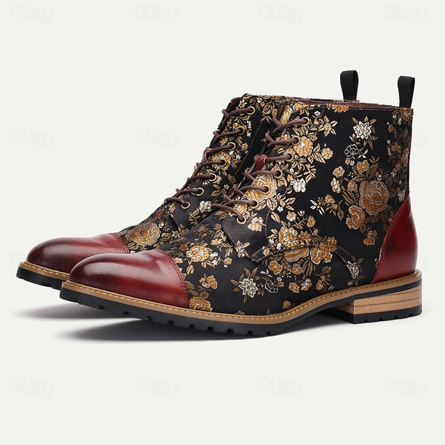  Men's Jacquard Fabric and Leather Ankle Boots - Floral Pattern Lace-Up Design for Vintage-Inspired Fashion