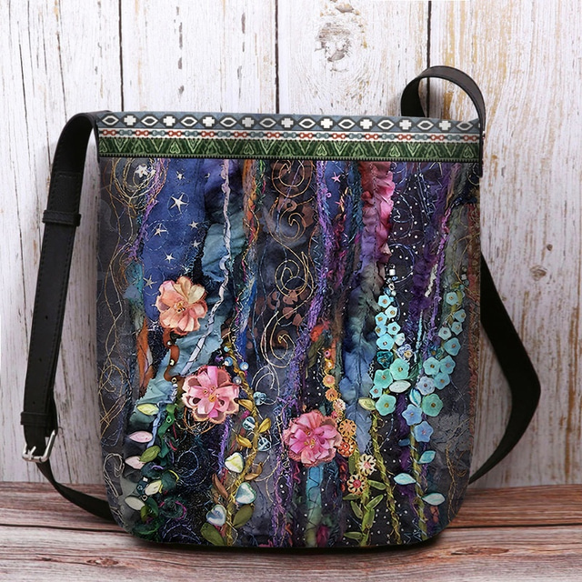  sac à bandoulière brodé floral bohème pour femme, sac à bandoulière artistique fait main avec un motif de fleurs colorées, parfait pour les tenues décontractées et de festival