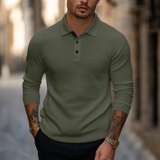  Herren Golfpolo Poloshirt aus Waffelstrick Geschäft Casual Gerippter Polokragen Langarm Modisch Basic Feste Farbe Gestrickt Herbst Winter Regular Fit Dunkelgrau Schwarz Armeegrün Marineblau Hellgrau