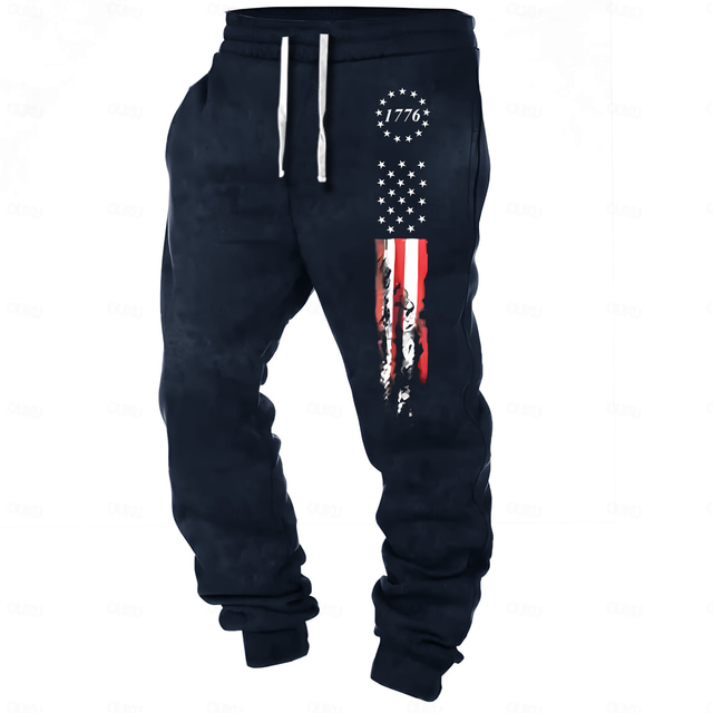  Miesten Amerikan lippu Patriotismi Veryttelyhousut Jogger Housut Keskivyötärö Kiristysnyöri joustava vyötärö Juhla-iltavaatteet Arkikäyttö Tasku Kevät Syksy Talvi 3D-tulostus Musta Sininen
