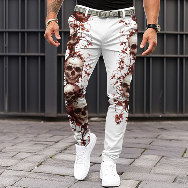  Men's Cool Skulls Dress Pants Mid Waist Casual Dailywear Vacation Zipper Pocket Summer Spring Fall 3D Print White