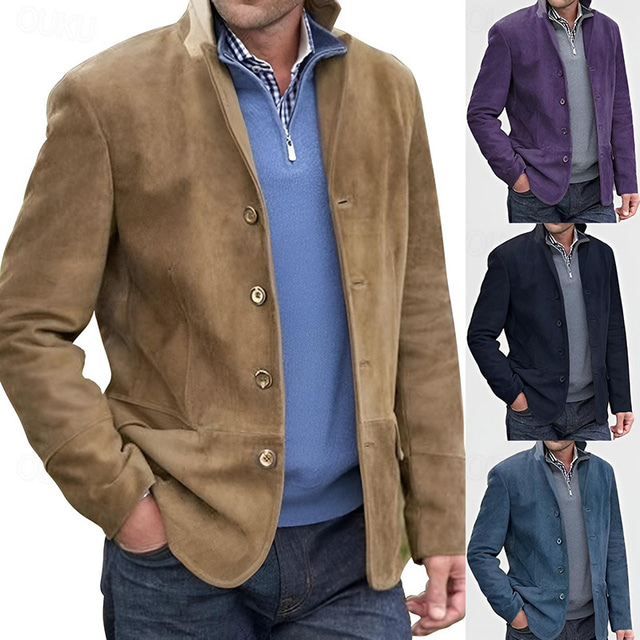  Men's Winter Jacket Casual Jacket Daily Vacation Warm Pocket Fall & Winter Plain Vintage Fashion Lapel Regular Blue Brown Dark Blue Dark Gray Jacket