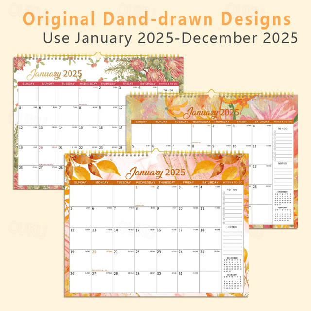 2025 Calendar with Holidays Wall Calendar JanDec Flower Leaf Pattern
