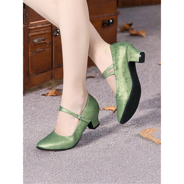  chaussures de danse vintage vertes Mary Jane pour femmes avec motif floral jacquard et talon bloc, parfaites pour les événements de danse de salon, latine et formelle