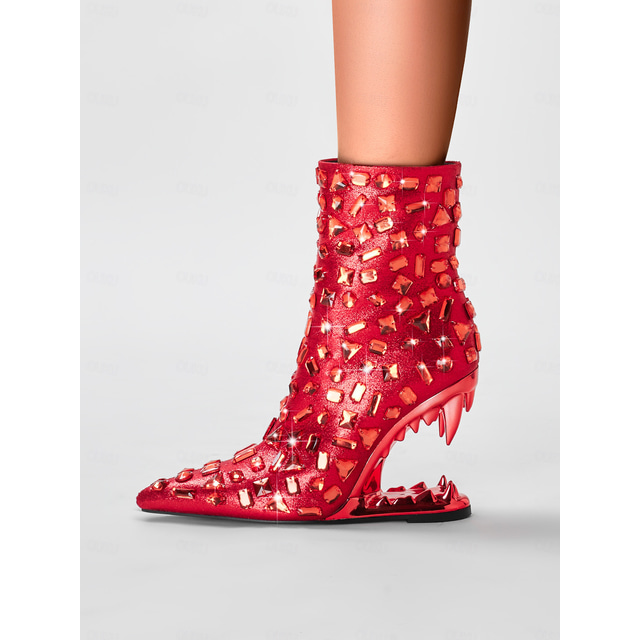  Women's Red Studded Ankle Boots with Unique Cut-Out Heels – Statement High Heels for Fashion Events and Parties