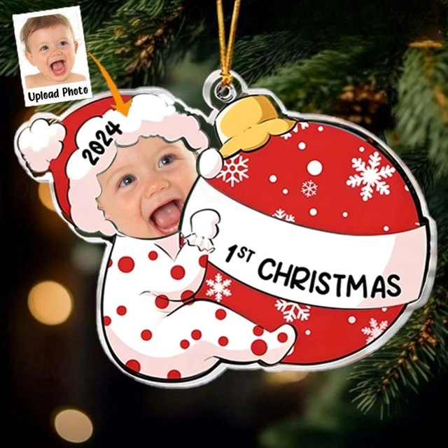  Personalized Photo Christmas Ornaments 1st First Christmas Custom Baby Face Acrylic 2D Custom Christmas Tree Ornaments Xmas Decoration Hanging Pendant Gifts