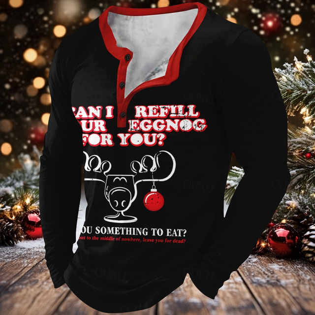  Christmas Men's Funny Christmas Henley T Shirt Letter Print Henley Deer Sports Fashion Daily 3D Printing Long Sleeve Street Casual Daily Black Long Sleeve Henley Collar Button Henley Winter