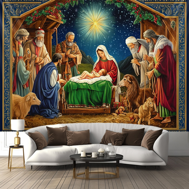  Christmas Decorations Nativity Scene Hanging Tapestry Wall Art Large Tapestry Mural Decor Photograph Backdrop Blanket Curtain Home Bedroom Living Room Decoration