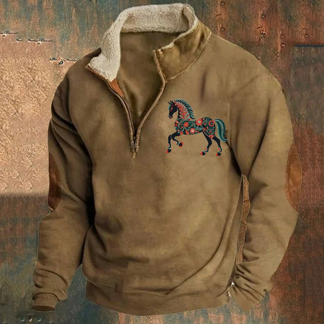  Men's Sweatshirt Quarter Zip Sweatshirt Black Navy Blue Brown Gray Half Zip Color Block Horse Patchwork Sports & Outdoor Daily Holiday Polyester Vintage Basic Casual Fall & Winter Clothing Apparel