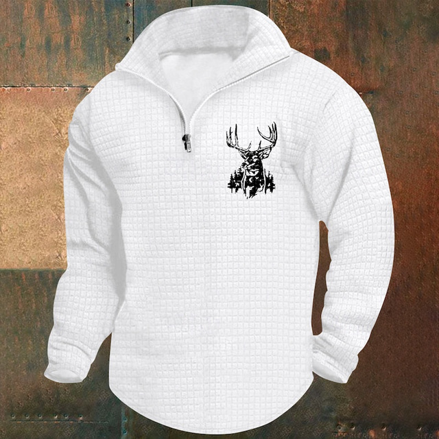  Men's Waffle Sweatshirt Sweatshirt Quarter Zip Sweatshirt White Wine Army Green Khaki Light Grey Half Zip Graphic Print Print Quarter Zip Christmas Daily Holiday Other Prints Streetwear Casual Fall