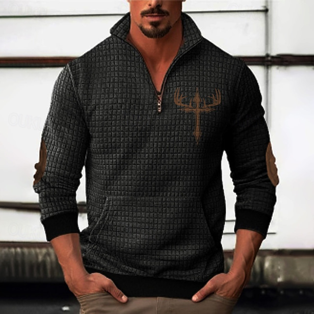  Men's Sweatshirt Waffle Sweatshirt Quarter Zip Sweatshirt Black Dark Gray Half Zip Graphic Print Patchwork Front Pocket Quarter Zip Daily Holiday Going out Polyester Streetwear Casual Fall Winter