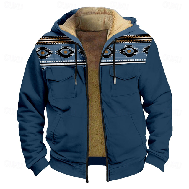  Męskie Aztek Polar Bluza z Kapturem Z kapturem Bluza z Kapturem Długi rękaw Bluza z kapturem Kaptur Moda Druk 3D Święto Streetwear Niebieski Zamek Kieszeń Jesień Zima Projektant
