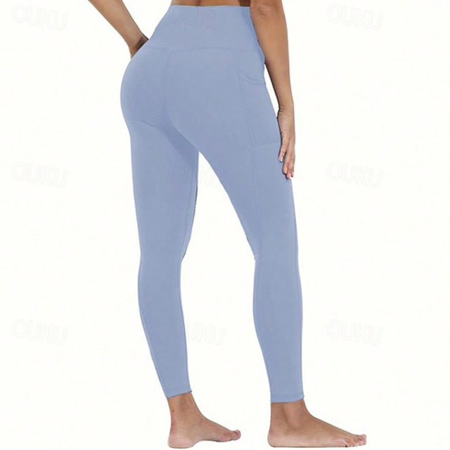  Women's Yoga Pants Yoga Leggings Pocket High Waist Yoga Gym Workout Pilates Tights Black Pink Light Blue Spandex Fall Sports Activewear Stretchy Slim