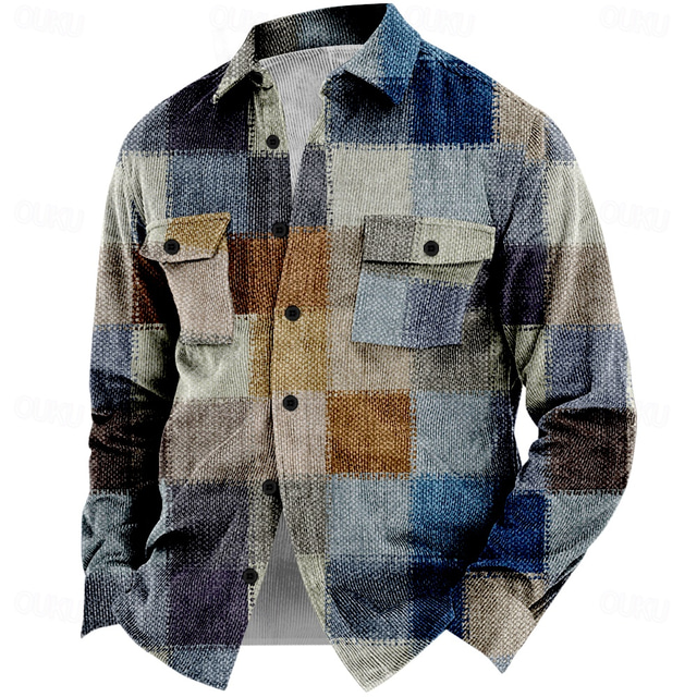  Men's Plaid Geometric Pattern Corduroy Shirt Shirt Jacket Overshirt Long Sleeve Vintage Casual Formal Dailywear Fall & Winter Turndown Collared Shirts Buttons 3D Print 2 Pockets 1pc Light Blue Navy