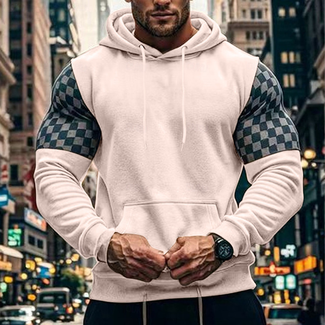  Men's Hoodie Sweatshirt Light Khaki. Brown Khaki Hooded Plaid Patchwork Front Pocket Sports & Outdoor Daily Holiday Streetwear Basic Casual Spring &  Fall Clothing Apparel Hoodies Sweatshirts 