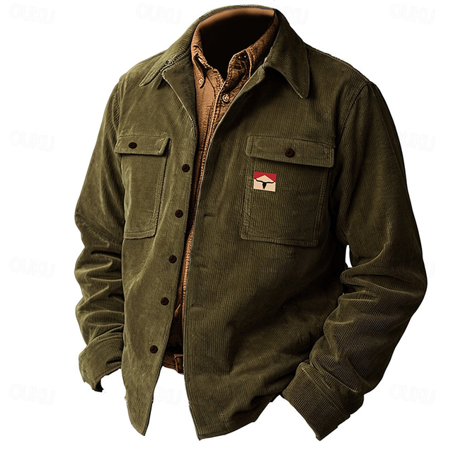  Men's Solid Color Shirt Jacket Overshirt Long Sleeve Vintage Tribal Dailywear Fall & Winter Collared Shirts Button Up 3D Print 2 Pockets 1pc Army Green Navy Blue Brown