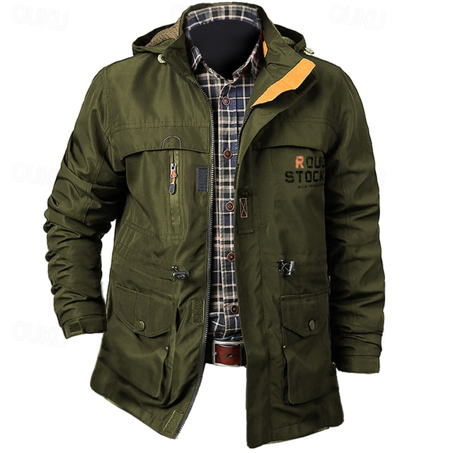  Men's Letter Printed Outdoor Jacket Coat Tactical Practical Waterproof Casual Sports Outdoor Daily Wear Zip Front Adjustable Drawstring Hood Graphic Fall Winter Standing Collar Long Sleeve Black Army