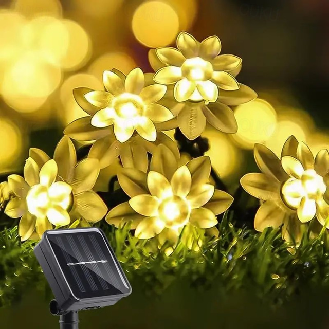  Lumini solare cu flori de lotus – 20/30/50 LED-uri cu strat dublu petale, 8 moduri, lumini decorative rezistente la apă pentru grădină, curte, brad de Crăciun și petrecere colorate/alb cald
