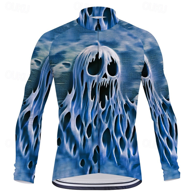  Men's Cycling Jersey Long Sleeve Winter Bike Tee Tshirt Top with 3 Rear Pockets Mountain Bike MTB Road Bike Cycling Quick Dry Front Zipper Wicking Blue Orange Grey Skull Spandex Sports Clothing