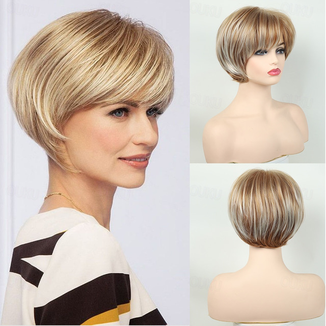  Peluca corta de duendecillo rubio para mujer, peluca sintética natural en capas con flequillo, peluca de cosplay de repuesto resistente al calor