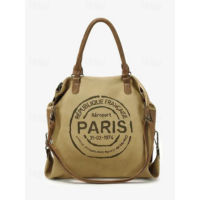  Women's Tote Canvas Tote Bag Shoulder Bags Canvas Office Shopping Casual Daily Zipper Print Large Capacity Durable Multi Carry Letter Black Blue Khaki