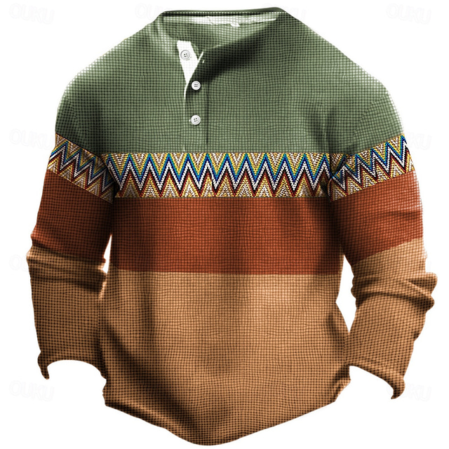  Homme Fête d'Octobre marinière Chemise Henley Shirt manche longue 3D effet Design Ethnique style occidental Soirée Casual du quotidien Hiver Printemps & Automne Bleu Vert Henley T-shirt Henley
