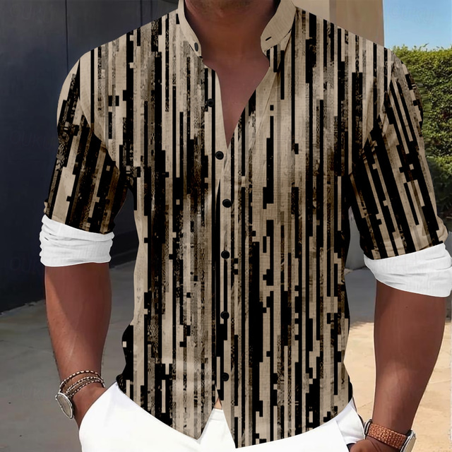  Men's Striped Geometric Pattern Dress Shirt Button Up Shirt Long Sleeve Casual Vacation Daily Summer Spring &  Fall Band Collar grandad collar 3D Print Blue Green Khaki Black-white Gray