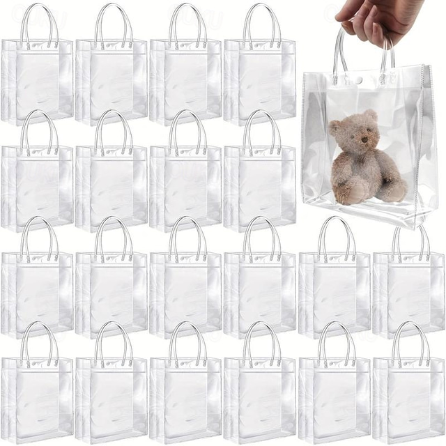  20pcs Reusable Clear Plastic Gift Tote Bags - Premium PVC Gift Wrap Bags for Parties and Events - Durable, Water-Resistant, and Reusable (7.87