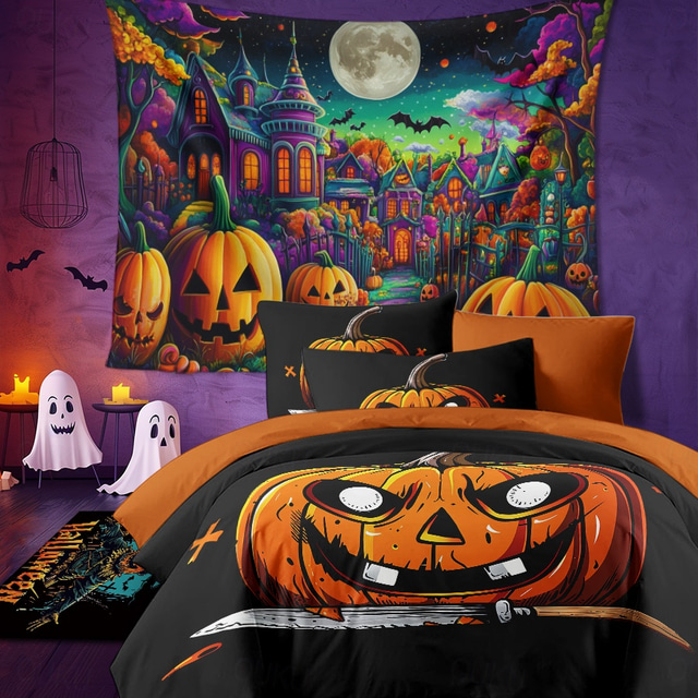  Halloween Collection Duvet Cover Set Jack O Lantern Pumpkin 3 Piece Set Super Soft Skin-friendly Long-lasting