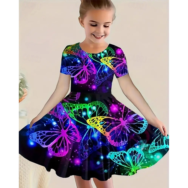  Girls' 3D Graphic Butterfly Dress Short Sleeve Summer Spring Vacation Daily Holiday Beautiful Sweet Kids 4-12 Years Casual Dress A Line Dress Knee-length Regular Fit