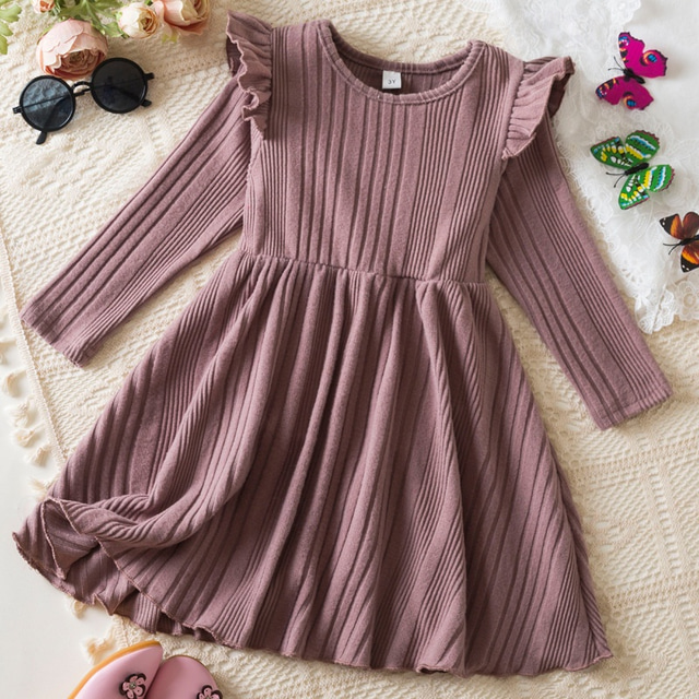  Girls' 3D Solid Color Dress Long Sleeve Summer Vacation Daily Holiday Beautiful Sweet Little Kids(4-7ys) 4-7 Years Sweater Dress Casual Dress Knee-length Regular Fit