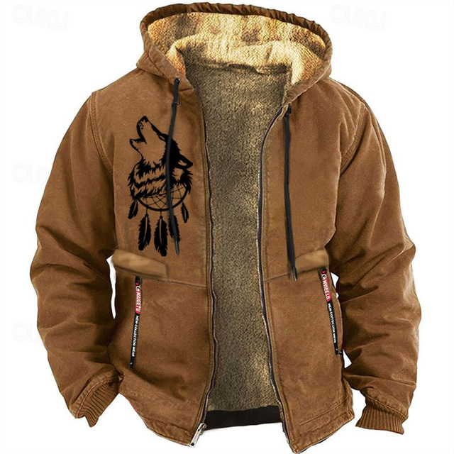  Men's Wolf Cowboy Sweatshirt Long Sleeve Sweatshirts  Hooded Vintage Western Style Vacation Going out Fall & Winter Brown Gray Clothing Apparel Designer Graphic Print S M L XL XXL XXXL