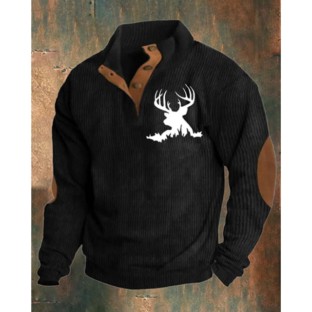  Men's Sweatshirt Black White Army Green Brown Khaki Standing Collar Color Block Reindeer Patchwork Sports & Outdoor Daily Holiday Polyester Corduroy Streetwear Basic Casual Spring &  Fall Clothing
