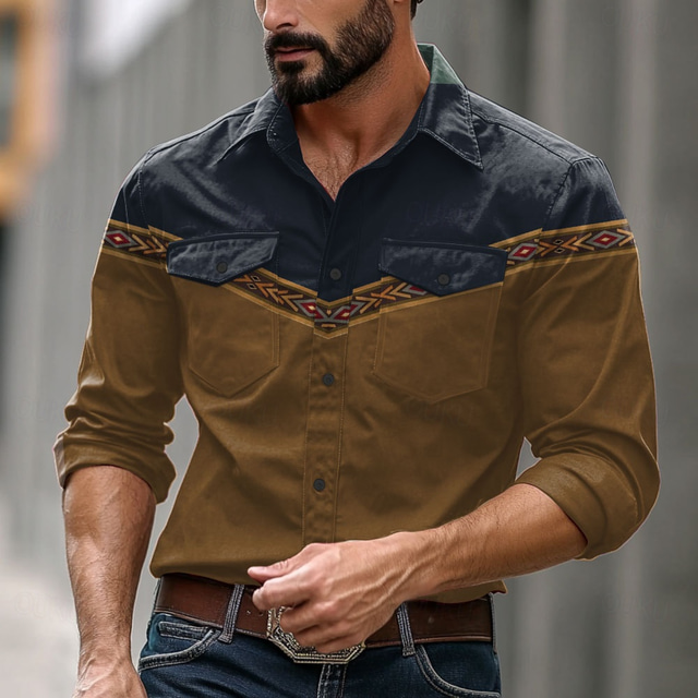  Per uomo Color Block Camicia occidentale Camicia con bottoni Camicia da cowboy Manica lunga Vintage Occidentale Da giorno Primavera Autunno Inverno Collo ripiegabile Camicie con colletto Stampa 3D