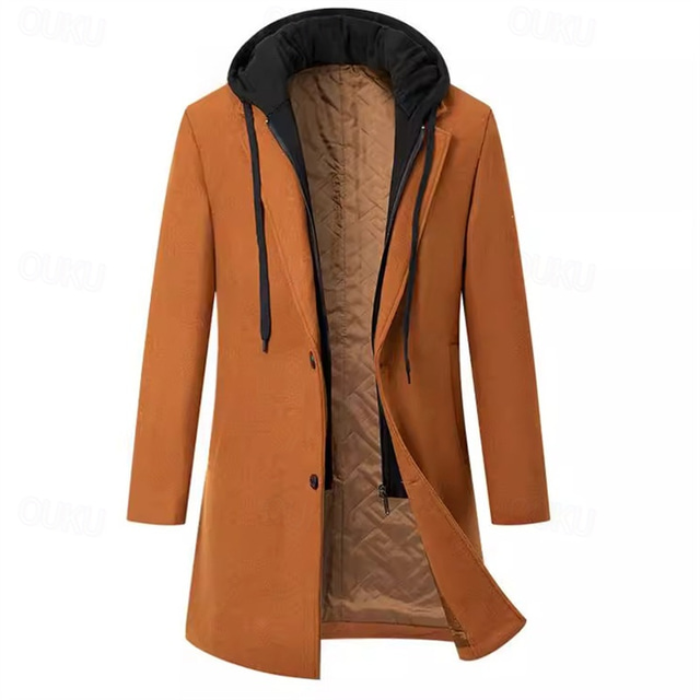  Men's Trench Coat Long Trench Coat Daily Vacation Fall & Winter Polyester Thermal Warm Outerwear Clothing Apparel Fashion Classic Color Block Patchwork Hooded Single Breasted