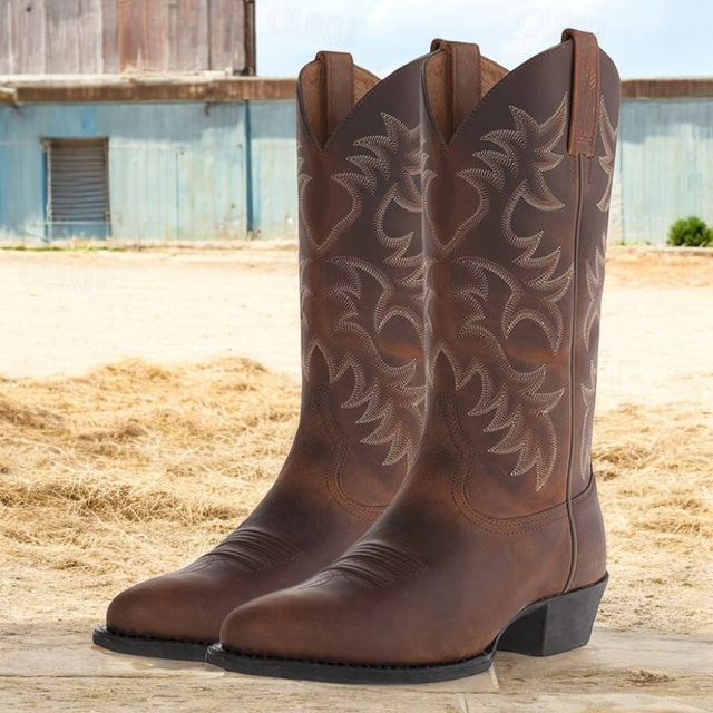  Men's Vintage Brown and Black Faux Leather Western Cowboy Boots with Intricate Embroidery - Durable and Stylish for Rodeo and Everyday Wear